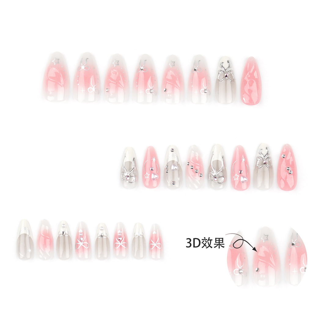 24Pcs White Almond False Nails Ballet with French Design Wearable Fake Nails Gradient Simple Full Cover Press on Nail Tips Art