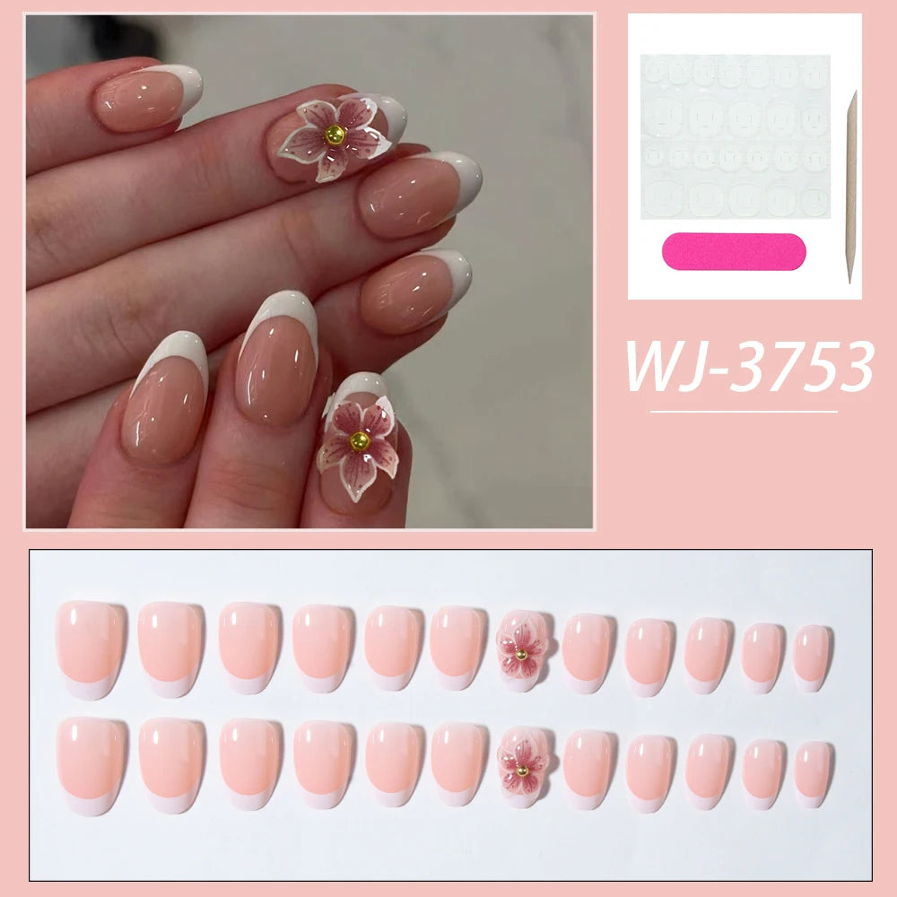 24pcs Short Oval 3D Gel Nail Stickers, Create Pearl Flower Nail Art, French Acrylic Press-On Nails, Short Size Perfectly Fit Fal