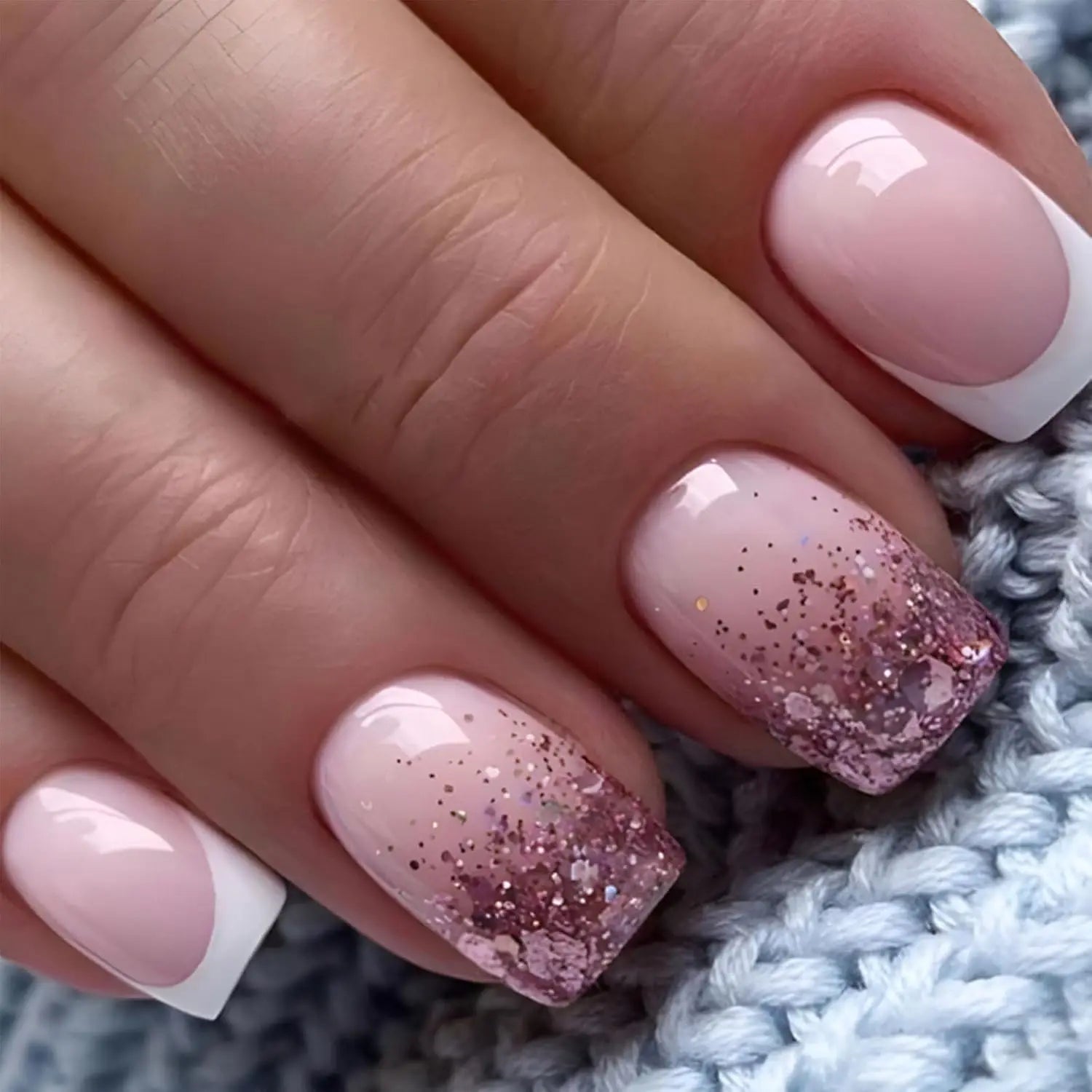 24PCS Pink Glitter French Press-On Nails Short Almond False Nails Glitter Full Cover Gloss Reusable  Nails for Women