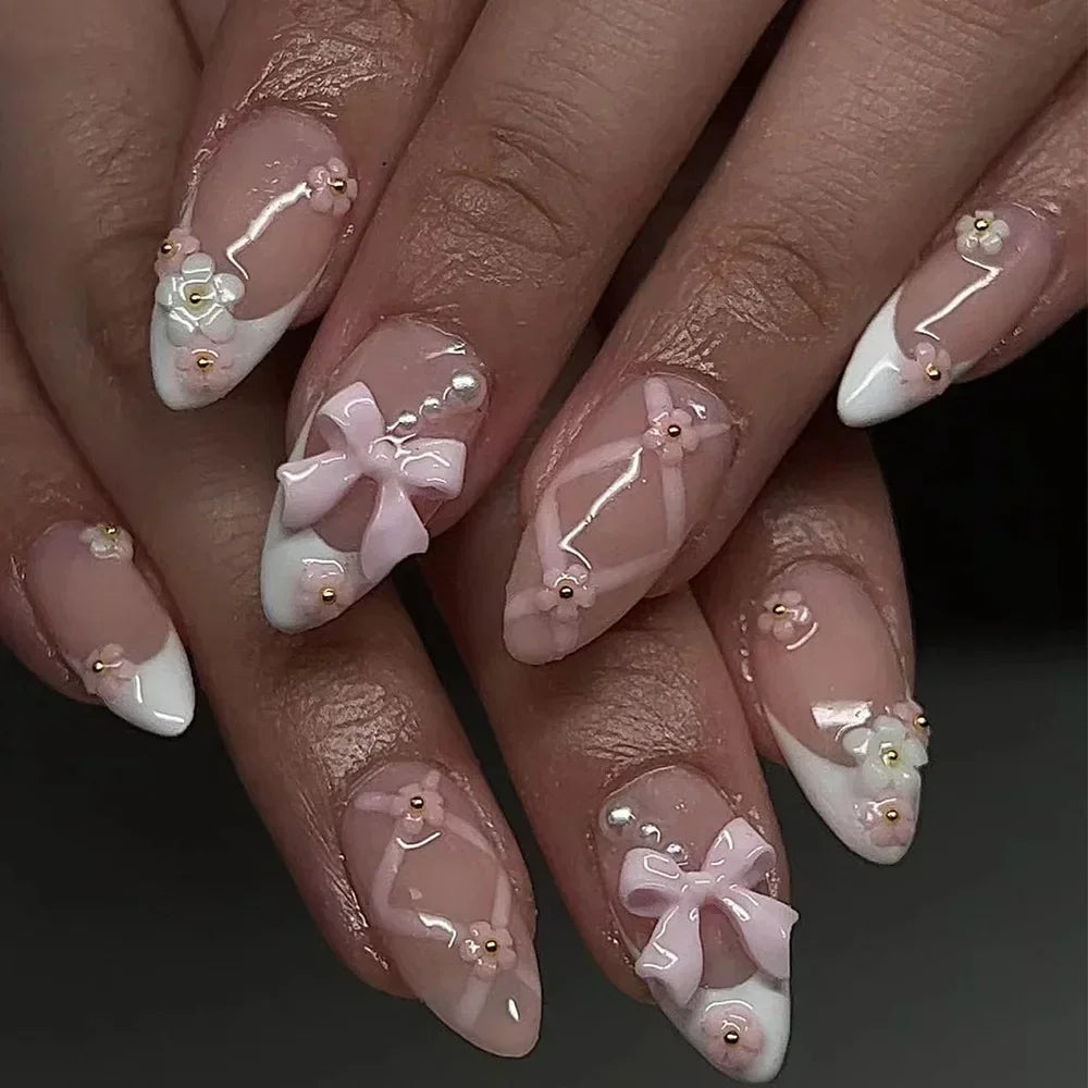 24Pcs Almond False Nails Cute Strawberries with French Design Simple White Wearable Fake Nails Decoration Press on Nail Tips Art