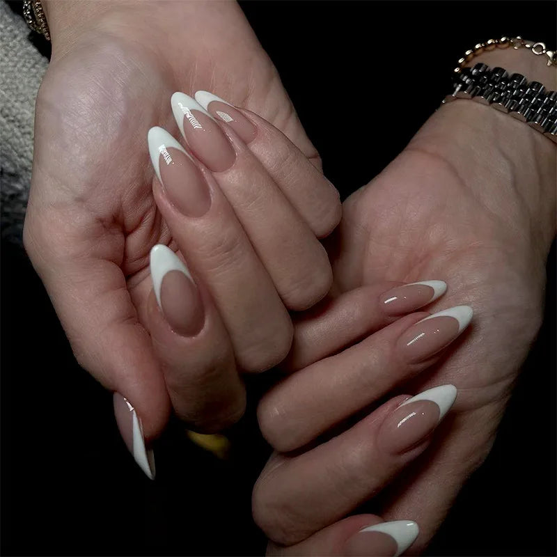 24Pcs White Almond False Nails Ballet with French Design Wearable Fake Nails Gradient Simple Full Cover Press on Nail Tips Art