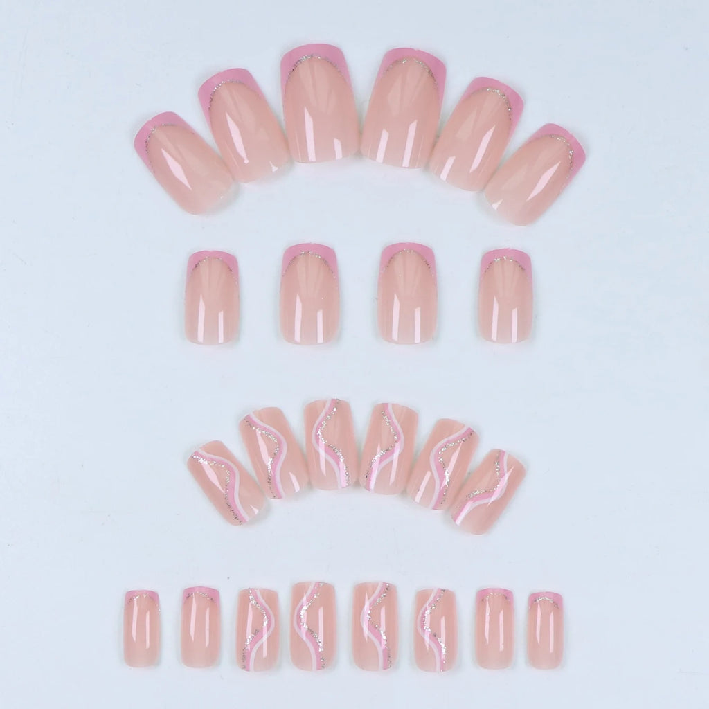 24PCS Pink Glitter French Press-On Nails Short Almond False Nails Glitter Full Cover Gloss Reusable  Nails for Women