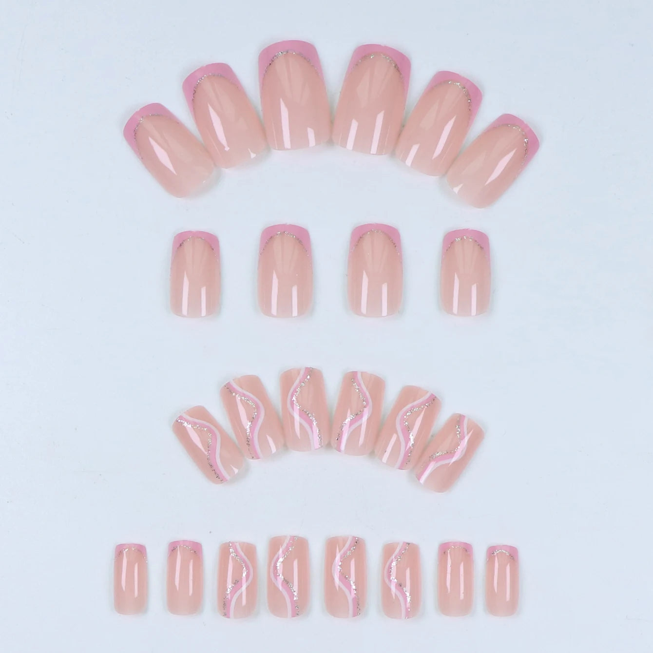 24PCS Pink Glitter French Press-On Nails Short Almond False Nails Glitter Full Cover Gloss Reusable  Nails for Women