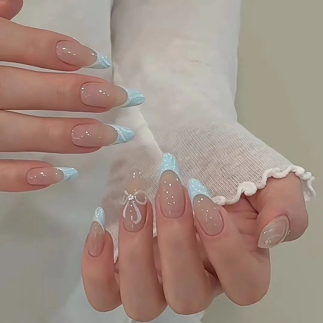 24Pcs White Almond False Nails Ballet with French Design Wearable Fake Nails Gradient Simple Full Cover Press on Nail Tips Art
