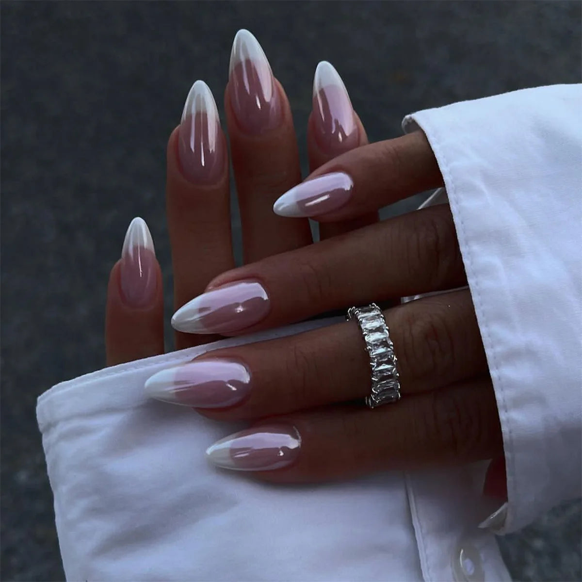 24Pcs White Almond False Nails Ballet with French Design Wearable Fake Nails Gradient Simple Full Cover Press on Nail Tips Art