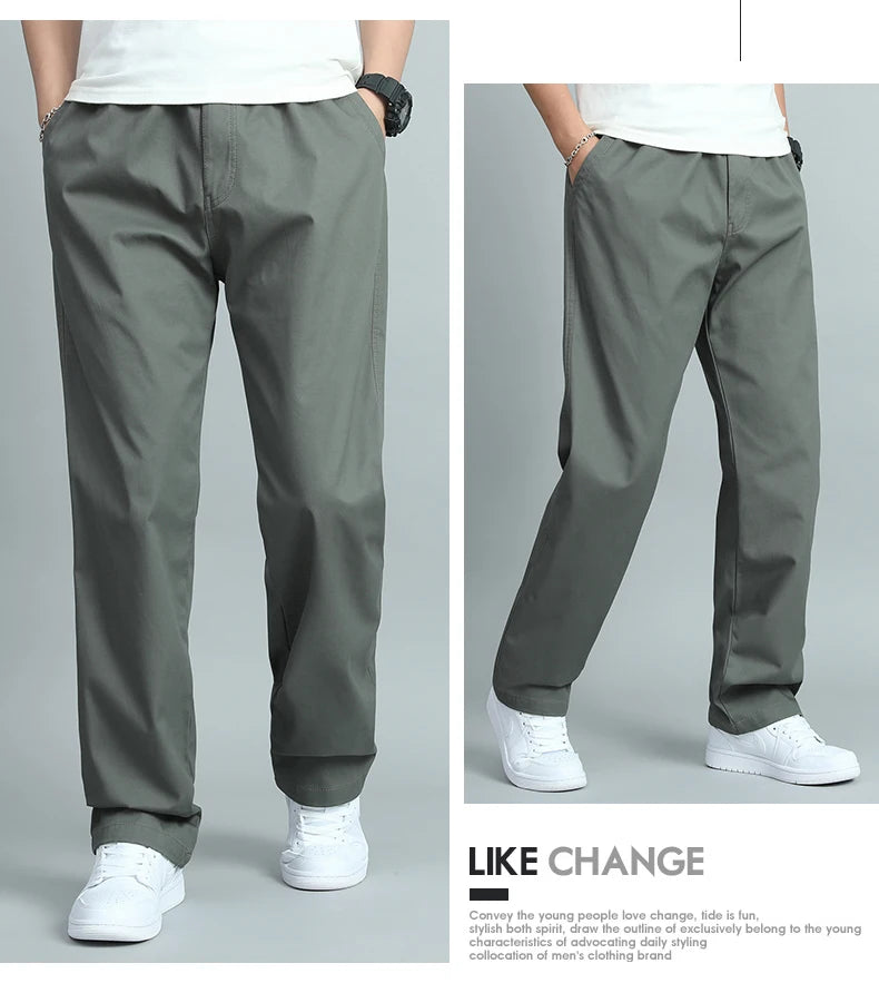 Big Size Mens Casual Pants Relaxed Fit Cotton Trousers Elastic Waist Drawstring Sweatpants Mens Jogger Pants Summer Spring