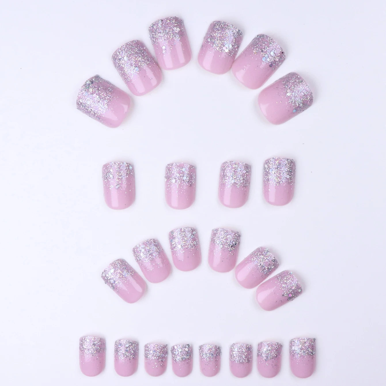 24PCS Pink Glitter French Press-On Nails Short Almond False Nails Glitter Full Cover Gloss Reusable  Nails for Women