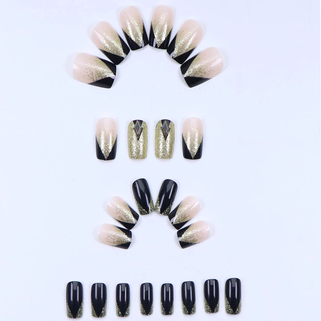 24PCS Pink Glitter French Press-On Nails Short Almond False Nails Glitter Full Cover Gloss Reusable  Nails for Women