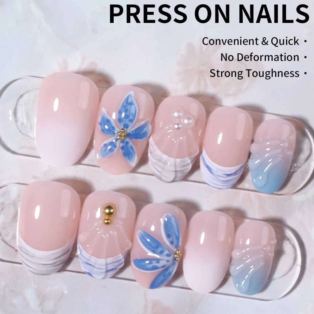 24pcs Short Oval 3D Gel Nail Stickers, Create Pearl Flower Nail Art, French Acrylic Press-On Nails, Short Size Perfectly Fit Fal