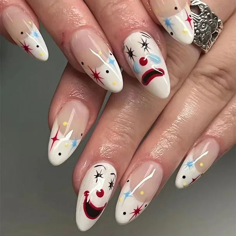 24Pcs Almond False Nails Cute Strawberries with French Design Simple White Wearable Fake Nails Decoration Press on Nail Tips Art