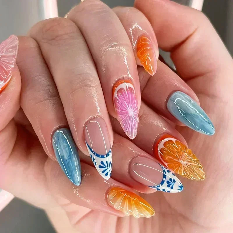 24Pcs Almond False Nails Cute Strawberries with French Design Simple White Wearable Fake Nails Decoration Press on Nail Tips Art