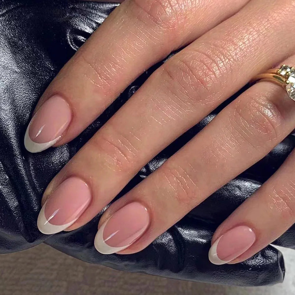 24Pcs White Almond False Nails Ballet with French Design Wearable Fake Nails Gradient Simple Full Cover Press on Nail Tips Art