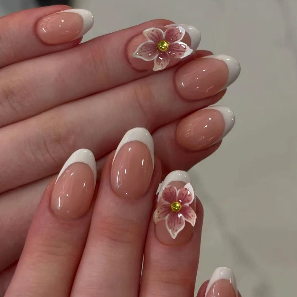 24pcs Short Oval 3D Gel Nail Stickers, Create Pearl Flower Nail Art, French Acrylic Press-On Nails, Short Size Perfectly Fit Fal