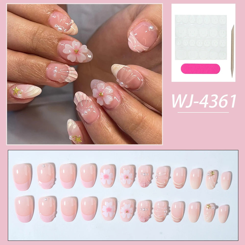 24pcs Short Oval 3D Gel Nail Stickers, Create Pearl Flower Nail Art, French Acrylic Press-On Nails, Short Size Perfectly Fit Fal