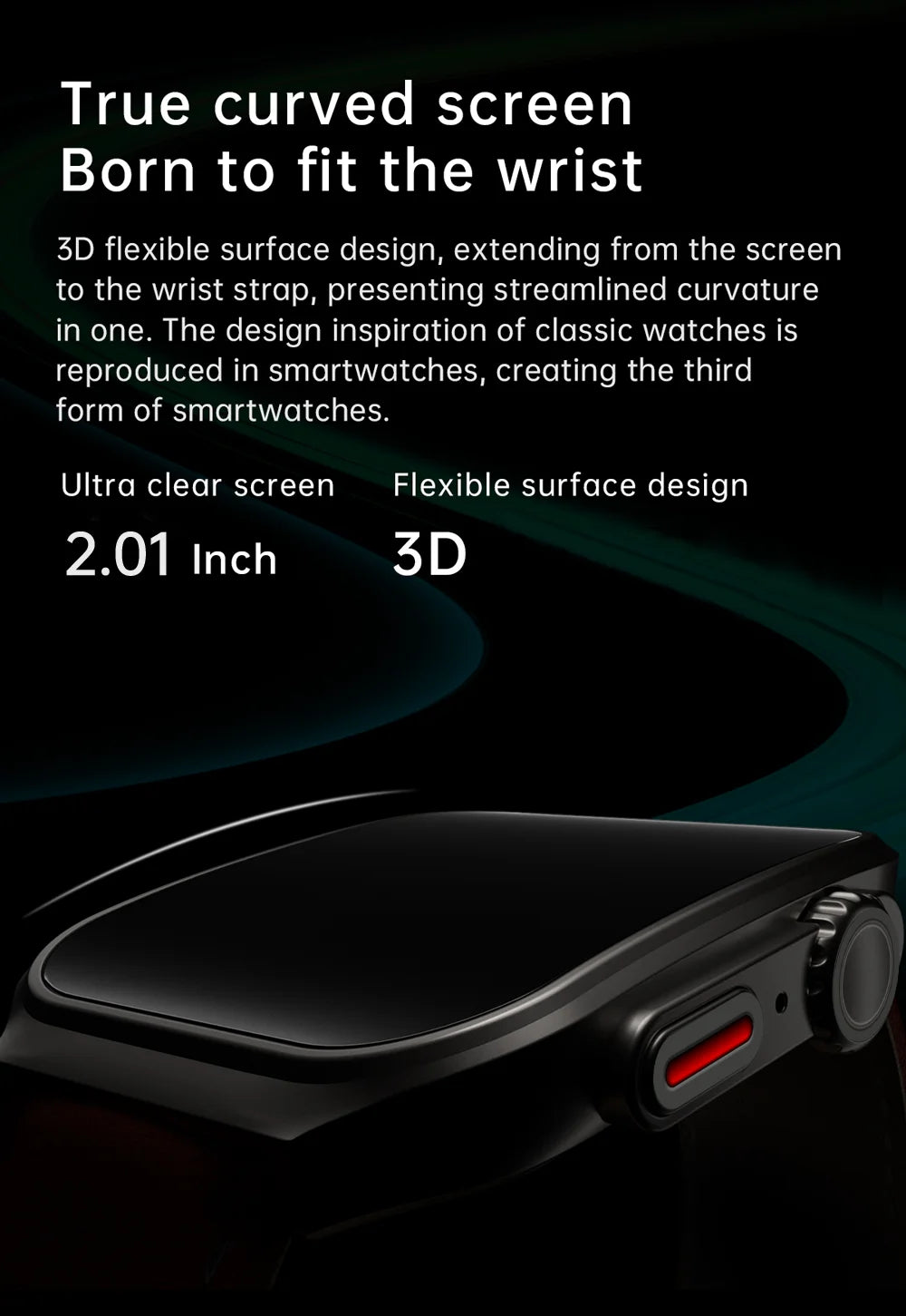Smart Watch 2.01" Curved AMOLED Screen 3D Flexible Design 120+ Sports Modes Long Battery Life Watch for Daily & Sports Use