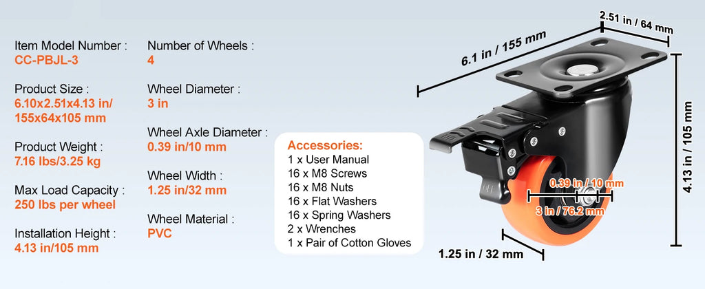 SucceBuy 2-6in PVC Furniture Caster Wheels Set of 4 Swivel Plate Casters with Security A/B Lock Non-Marking for Cart Workbench