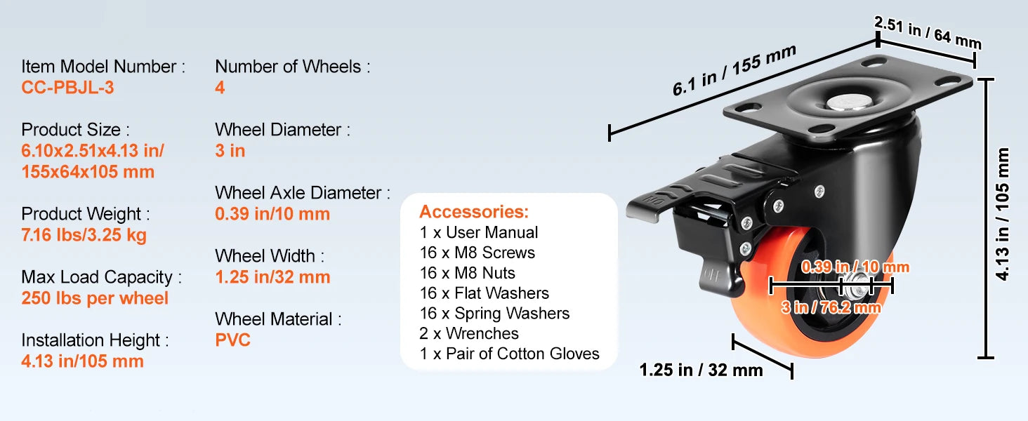 SucceBuy 2-6in PVC Furniture Caster Wheels Set of 4 Swivel Plate Casters with Security A/B Lock Non-Marking for Cart Workbench