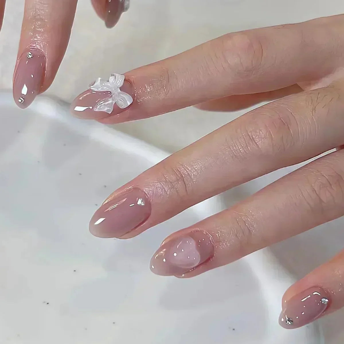 24Pcs White Almond False Nails Ballet with French Design Wearable Fake Nails Gradient Simple Full Cover Press on Nail Tips Art