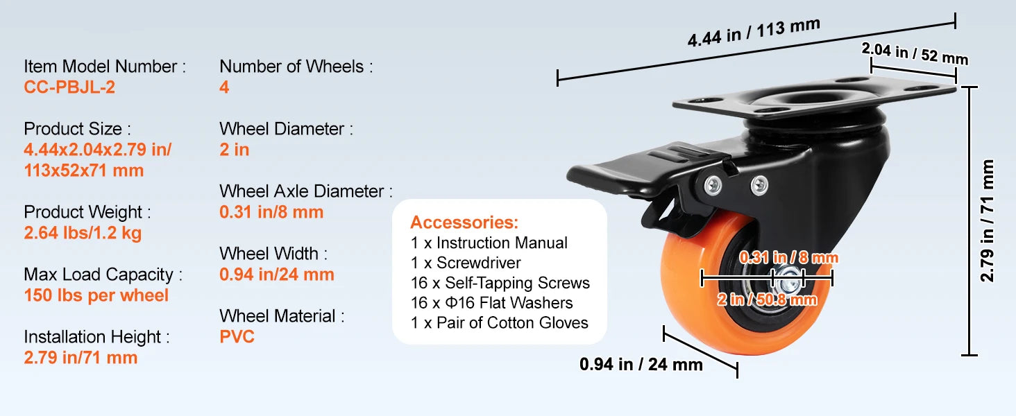 SucceBuy 2-6in PVC Furniture Caster Wheels Set of 4 Swivel Plate Casters with Security A/B Lock Non-Marking for Cart Workbench