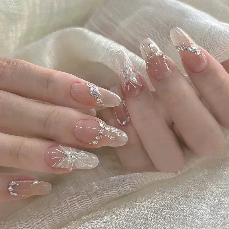 24Pcs White Almond False Nails Ballet with French Design Wearable Fake Nails Gradient Simple Full Cover Press on Nail Tips Art