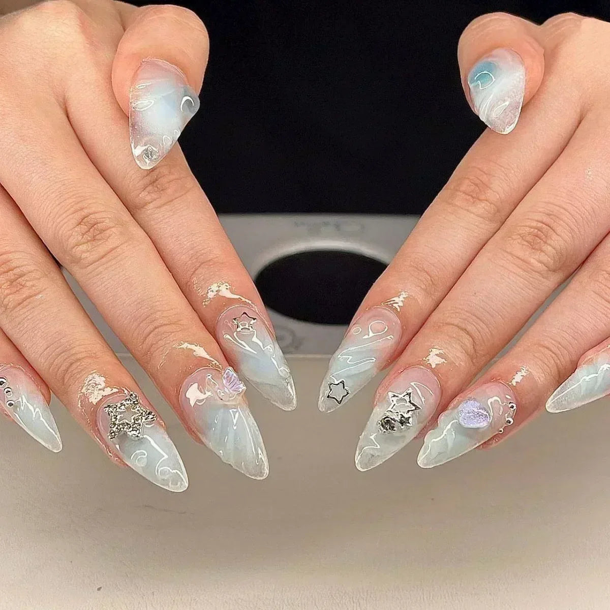 24Pcs White Almond False Nails Ballet with French Design Wearable Fake Nails Gradient Simple Full Cover Press on Nail Tips Art