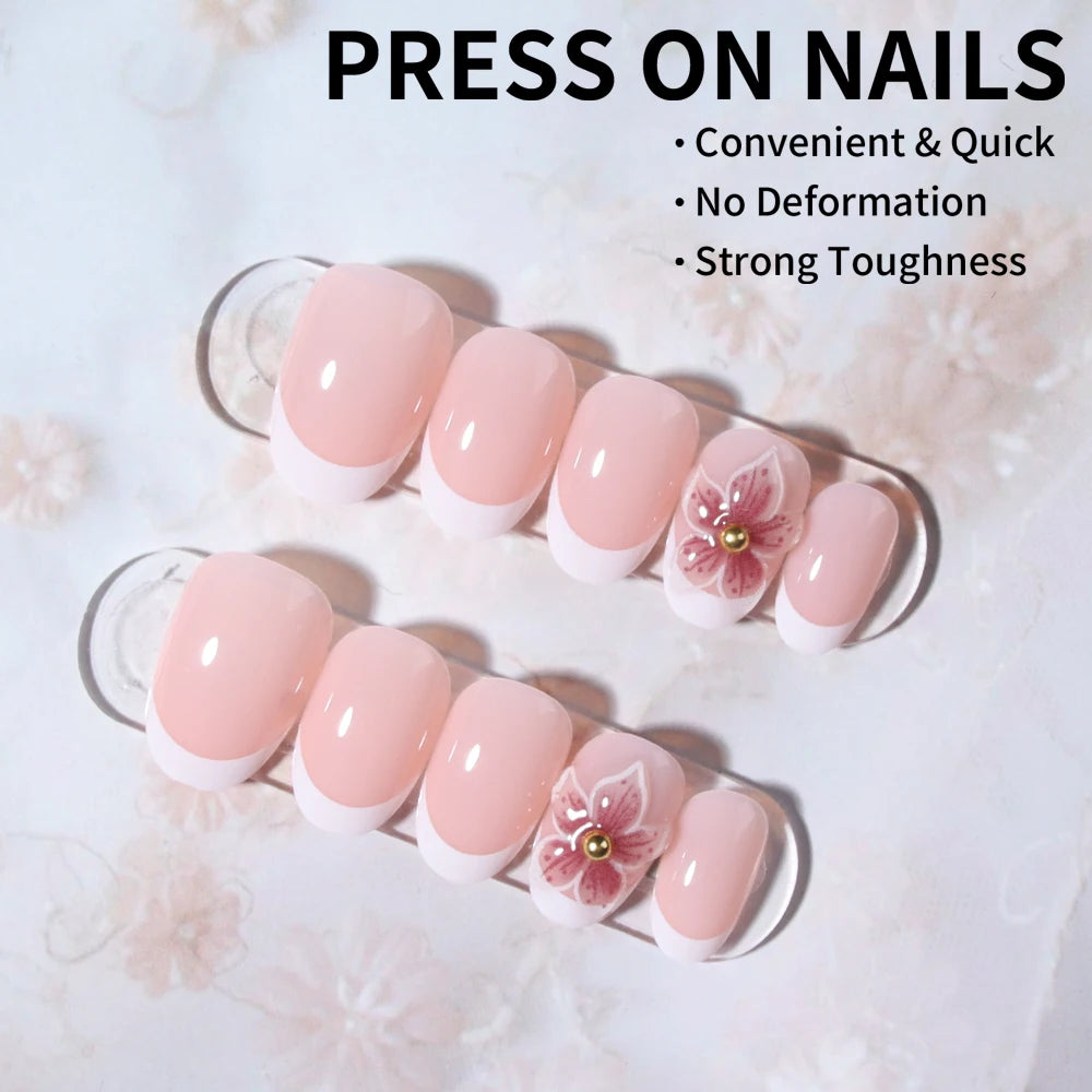 24pcs Short Oval 3D Gel Nail Stickers, Create Pearl Flower Nail Art, French Acrylic Press-On Nails, Short Size Perfectly Fit Fal