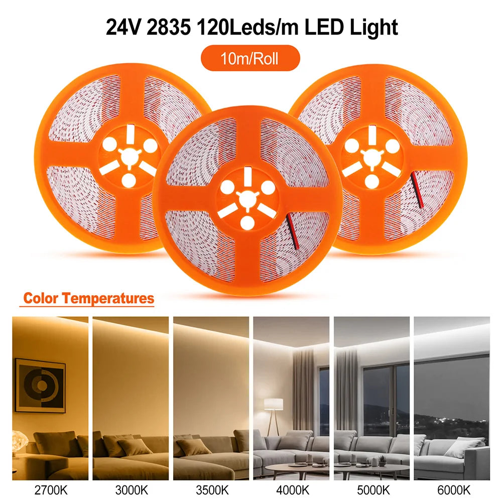 LED Strip Light 2835 24V 5m 10m RA98 2700K 3000K 3500K 4000K 5000K 6000K Flexible Tape Stripe Super Bright 120LED Home Lighting