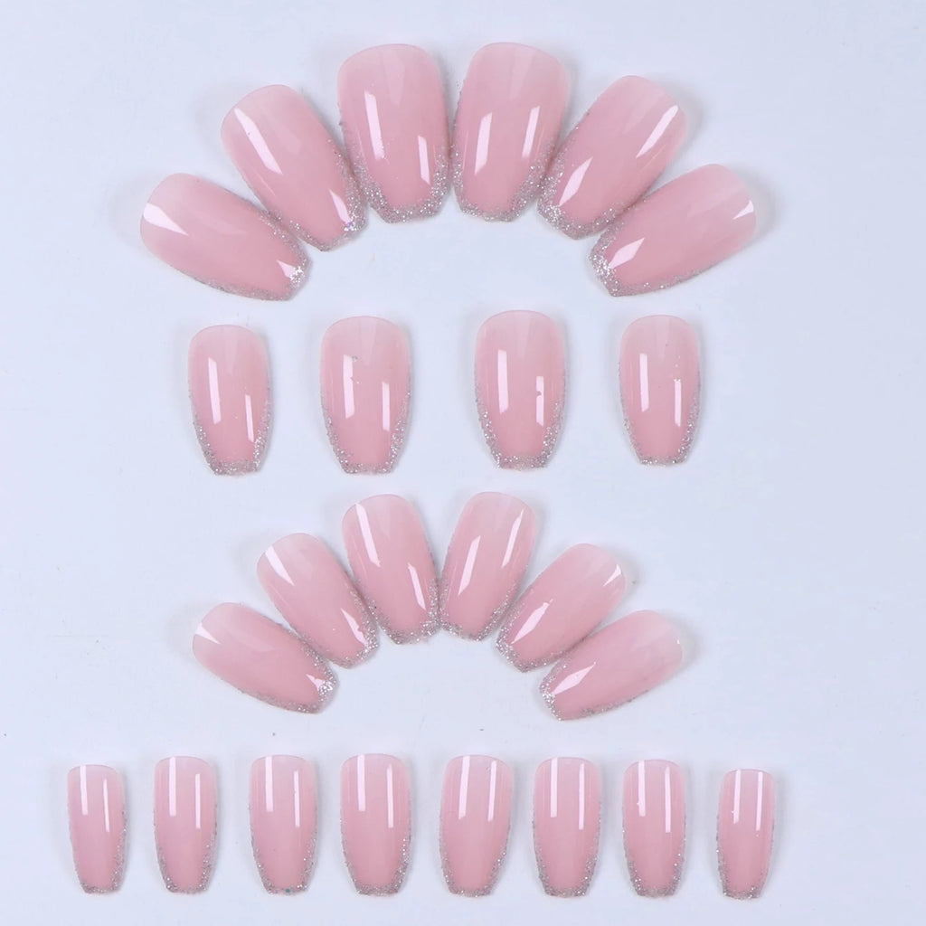 24PCS Pink Glitter French Press-On Nails Short Almond False Nails Glitter Full Cover Gloss Reusable  Nails for Women