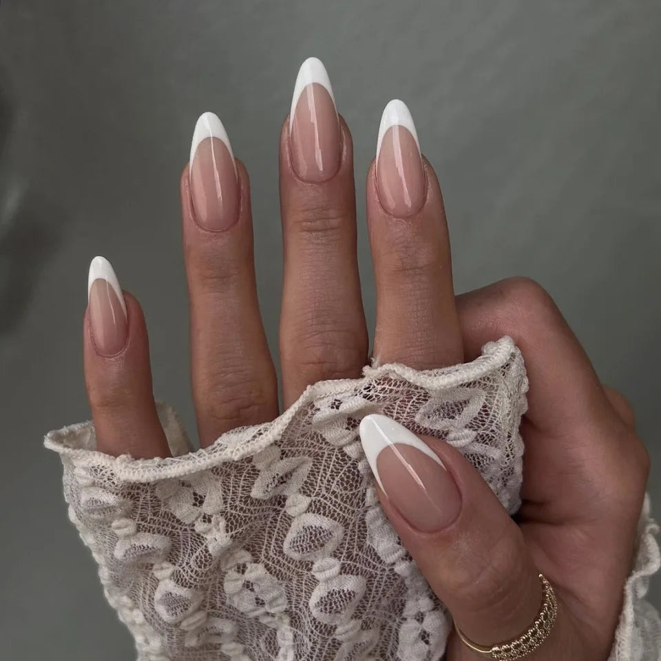 24Pcs White Almond False Nails Ballet with French Design Wearable Fake Nails Gradient Simple Full Cover Press on Nail Tips Art