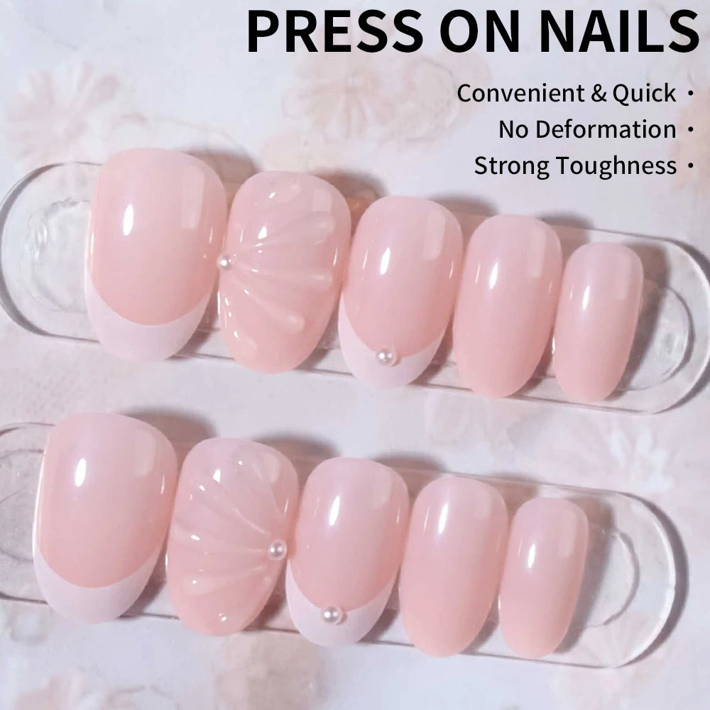 24pcs Short Oval 3D Gel Nail Stickers, Create Pearl Flower Nail Art, French Acrylic Press-On Nails, Short Size Perfectly Fit Fal