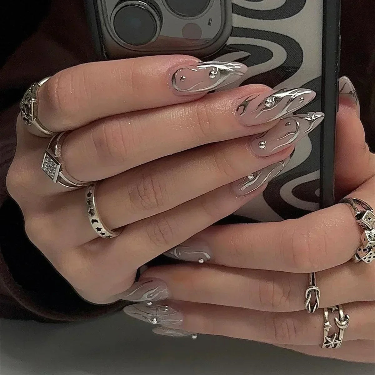 24Pcs White Almond False Nails Ballet with French Design Wearable Fake Nails Gradient Simple Full Cover Press on Nail Tips Art