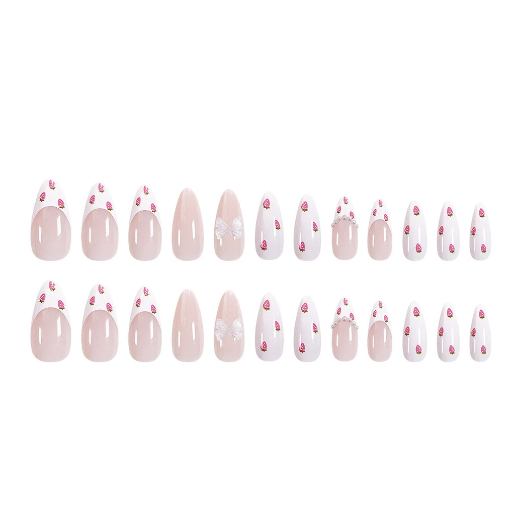 24Pcs Almond False Nails Cute Strawberries with French Design Simple White Wearable Fake Nails Decoration Press on Nail Tips Art