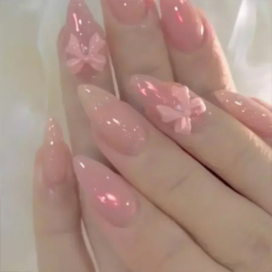 24Pcs White Almond False Nails Ballet with French Design Wearable Fake Nails Gradient Simple Full Cover Press on Nail Tips Art