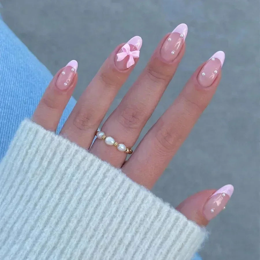 24Pcs Almond False Nails Cute Strawberries with French Design Simple White Wearable Fake Nails Decoration Press on Nail Tips Art