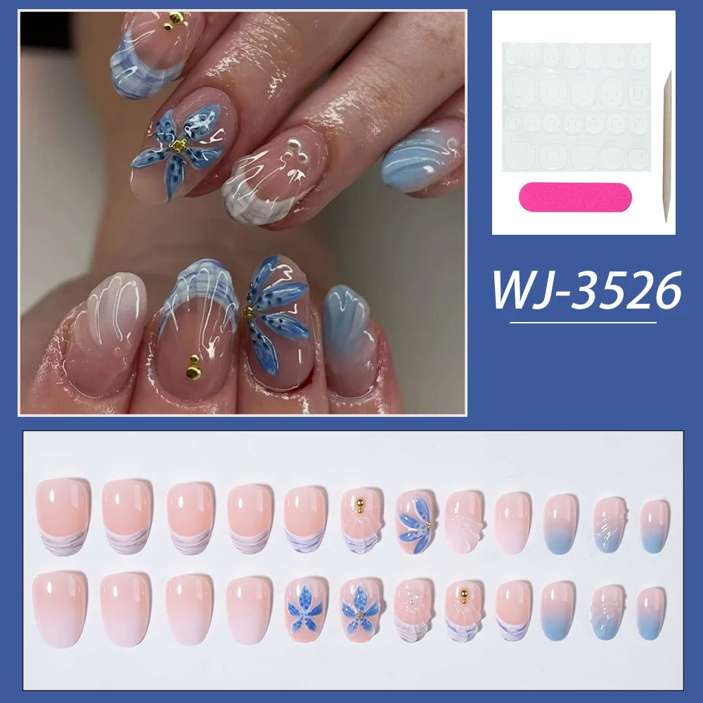 24pcs Short Oval 3D Gel Nail Stickers, Create Pearl Flower Nail Art, French Acrylic Press-On Nails, Short Size Perfectly Fit Fal