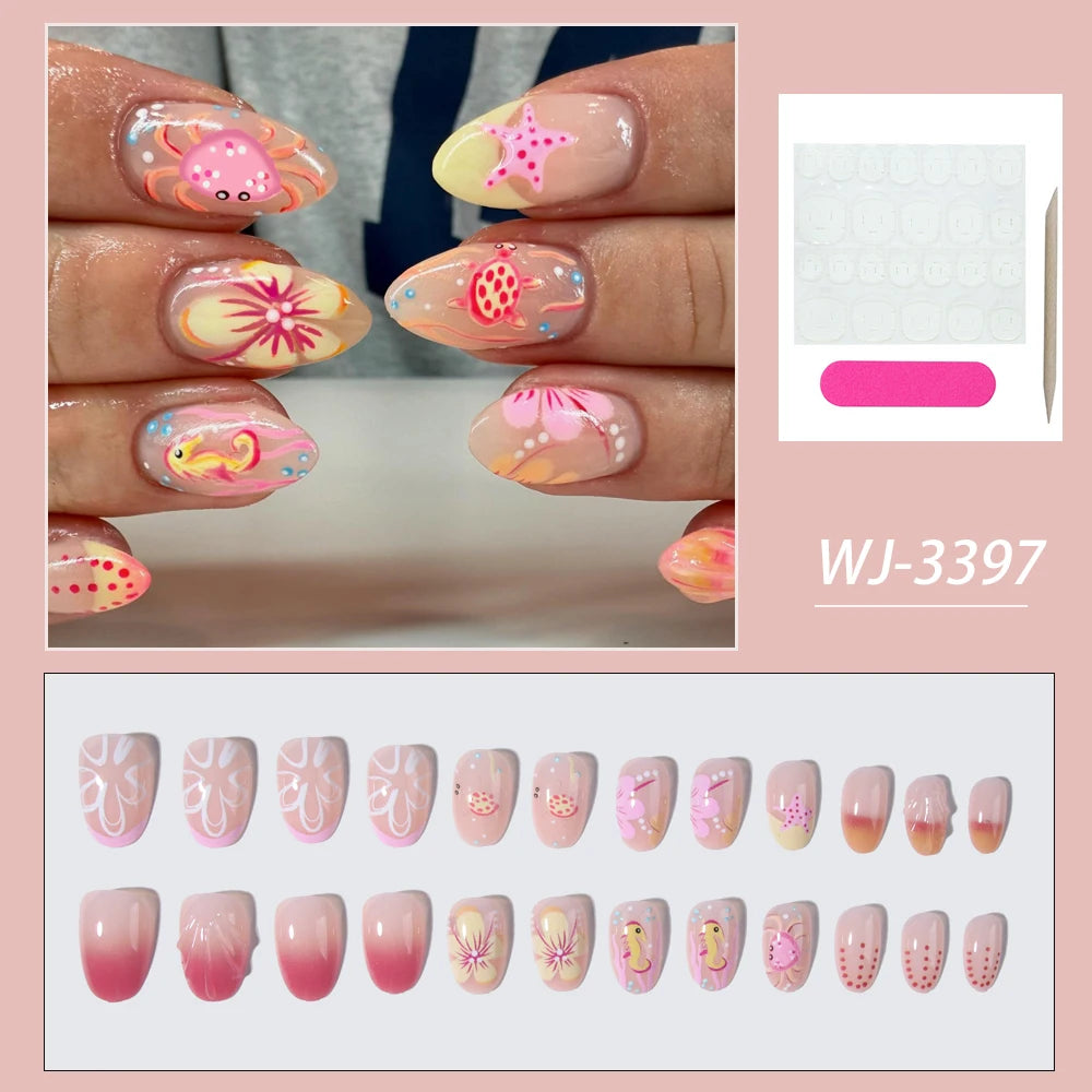 24pcs Short Oval 3D Gel Nail Stickers, Create Pearl Flower Nail Art, French Acrylic Press-On Nails, Short Size Perfectly Fit Fal