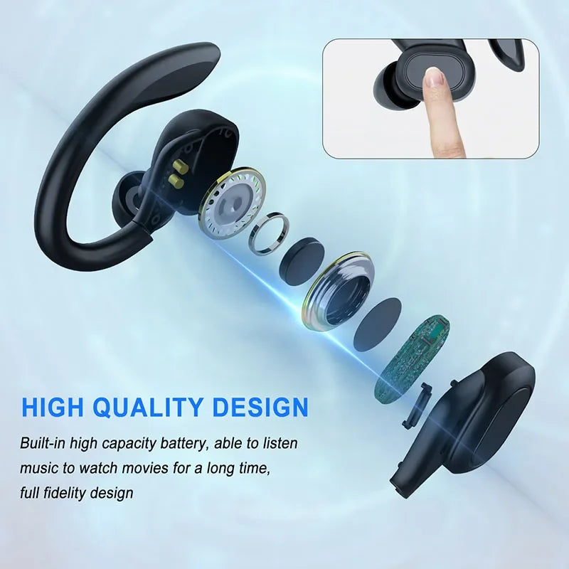Wireless Earbuds Sport 5.3 Headphones with Noise Cancelling Mic 75H HiFi Stereo Over Ear Bud LED Display USB-C IPX6