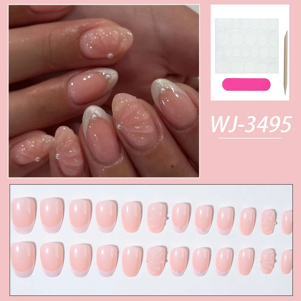 24pcs Short Oval 3D Gel Nail Stickers, Create Pearl Flower Nail Art, French Acrylic Press-On Nails, Short Size Perfectly Fit Fal