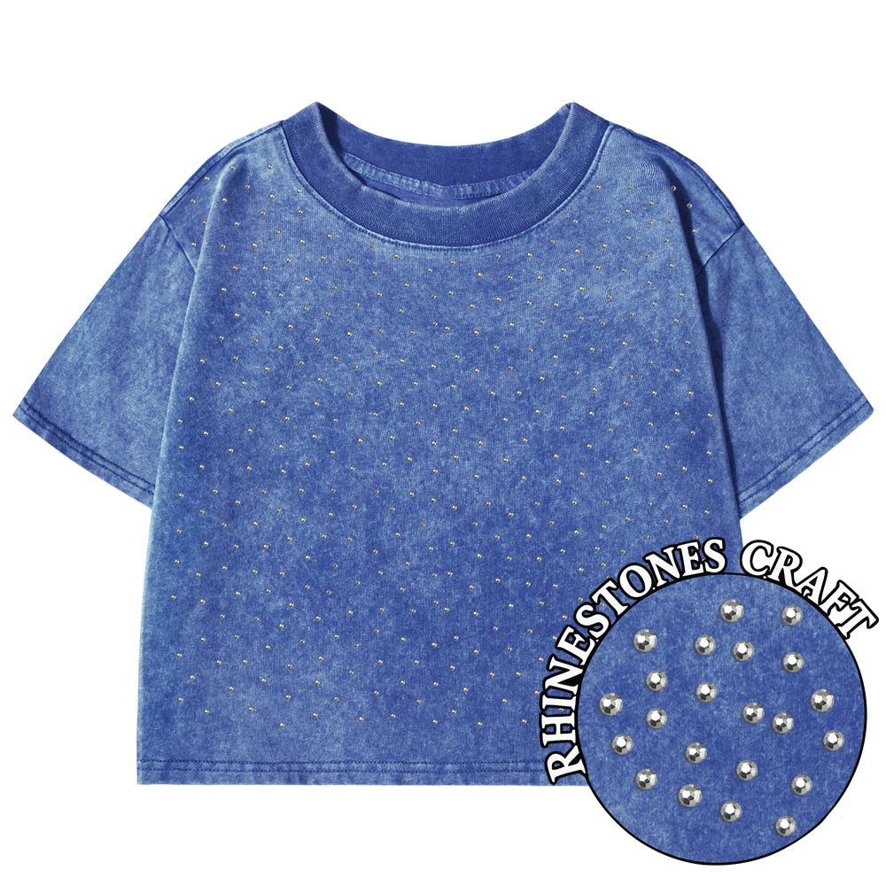 Solid Color Slim Washed T-Shirt Women Fashion Soft Cotton Tee Shirt Rhinestone Craft Short Sleeve Cool Clothing Female