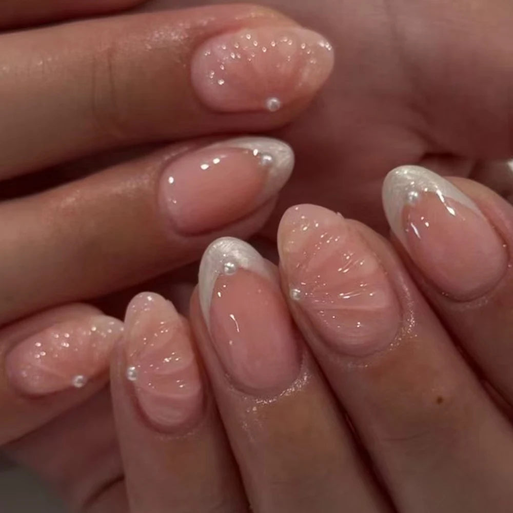24pcs Short Oval 3D Gel Nail Stickers, Create Pearl Flower Nail Art, French Acrylic Press-On Nails, Short Size Perfectly Fit Fal