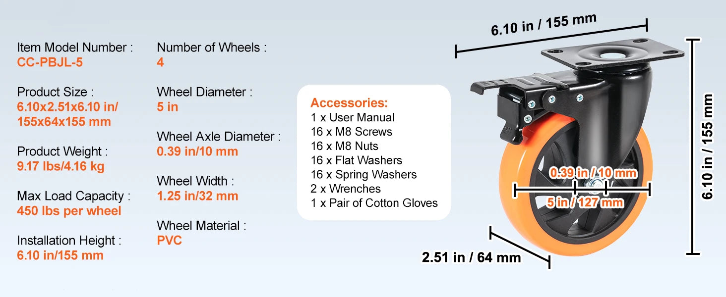 SucceBuy 2-6in PVC Furniture Caster Wheels Set of 4 Swivel Plate Casters with Security A/B Lock Non-Marking for Cart Workbench