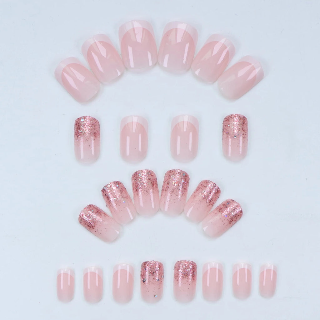 24PCS Pink Glitter French Press-On Nails Short Almond False Nails Glitter Full Cover Gloss Reusable  Nails for Women
