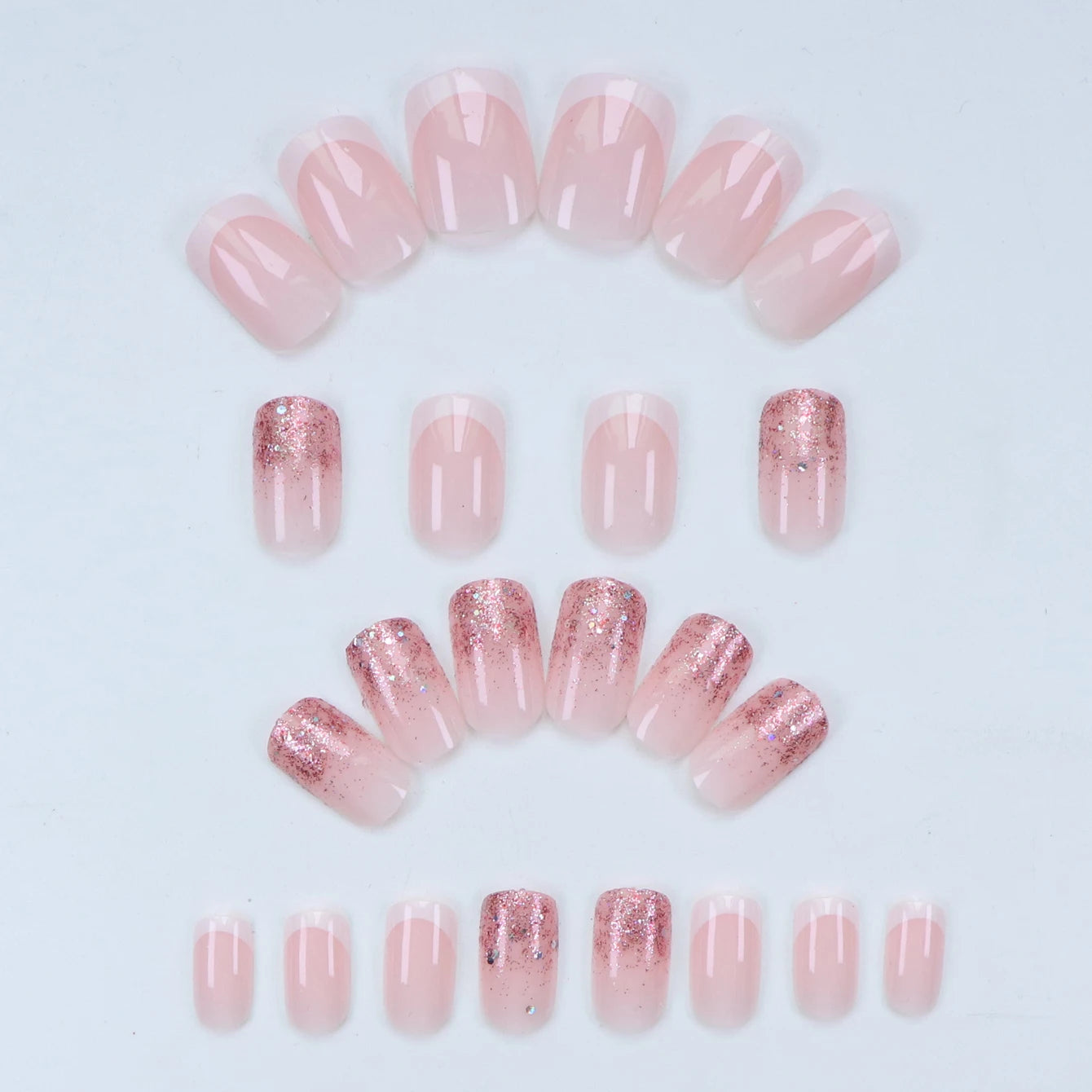 24PCS Pink Glitter French Press-On Nails Short Almond False Nails Glitter Full Cover Gloss Reusable  Nails for Women