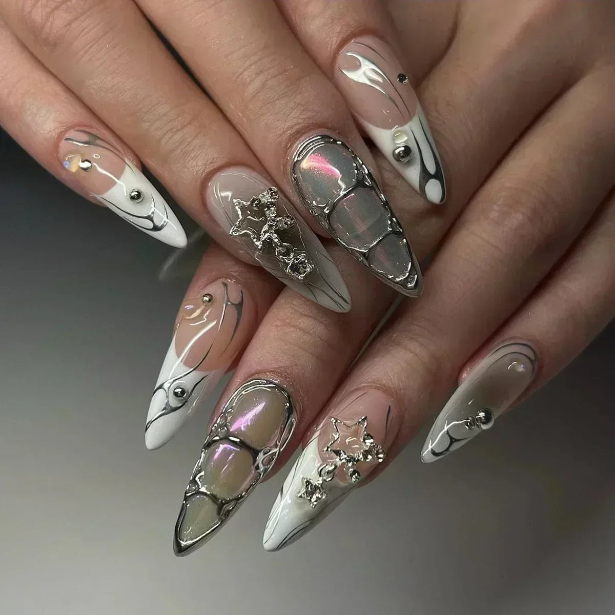24Pcs White Almond False Nails Ballet with French Design Wearable Fake Nails Gradient Simple Full Cover Press on Nail Tips Art
