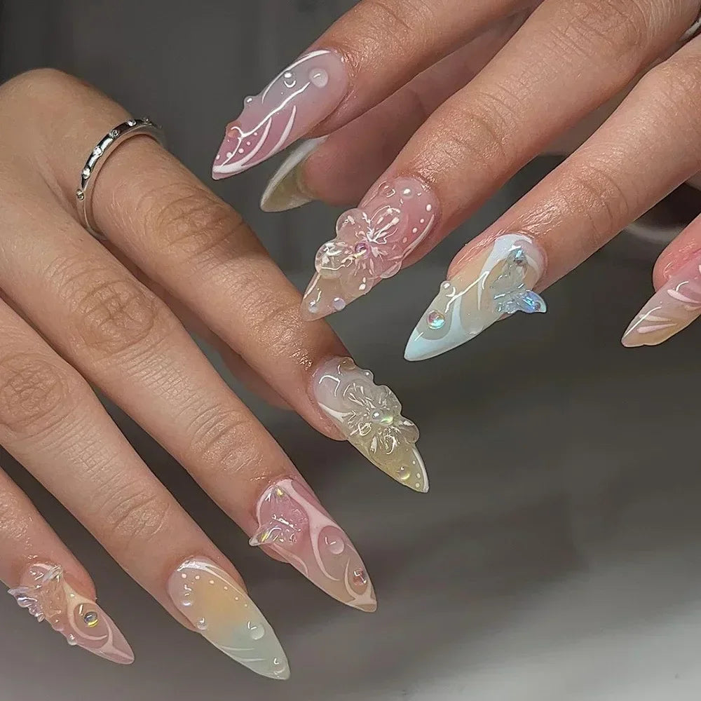 24Pcs Almond False Nails Cute Strawberries with French Design Simple White Wearable Fake Nails Decoration Press on Nail Tips Art
