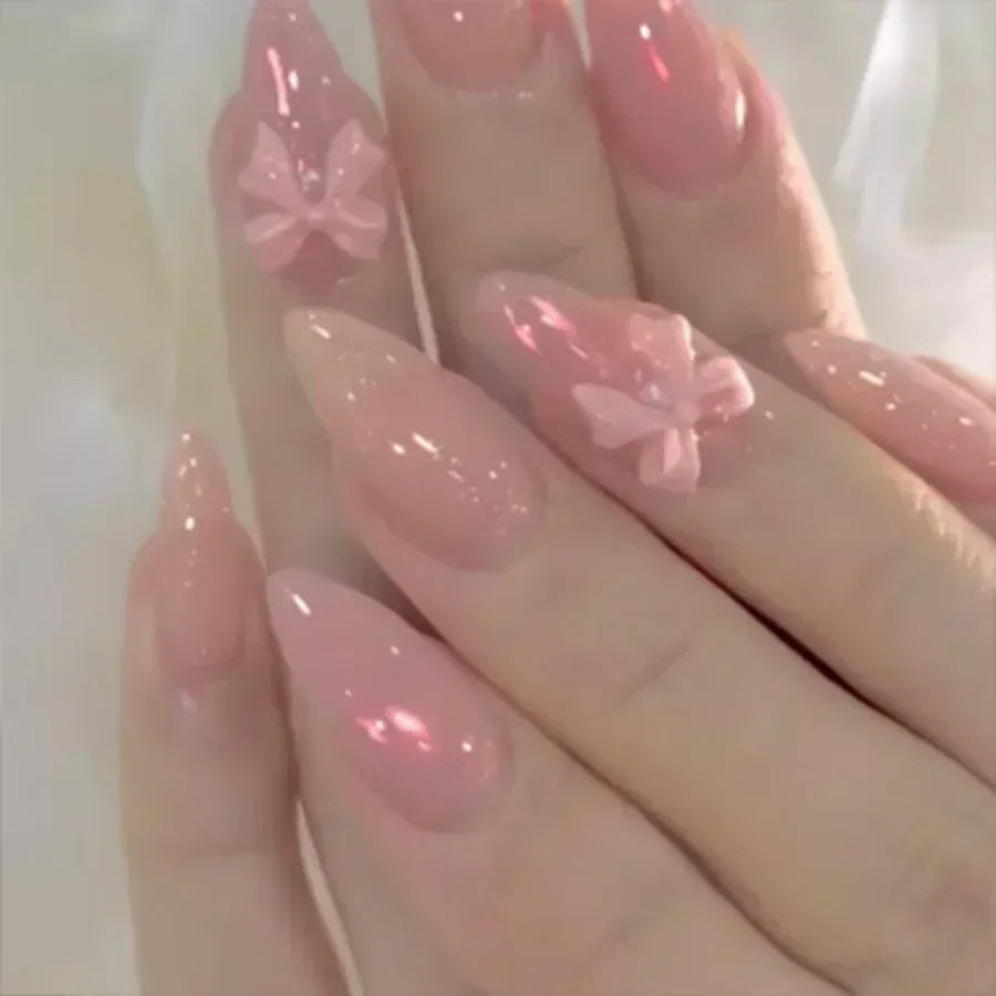 24Pcs Almond False Nails Cute Strawberries with French Design Simple White Wearable Fake Nails Decoration Press on Nail Tips Art