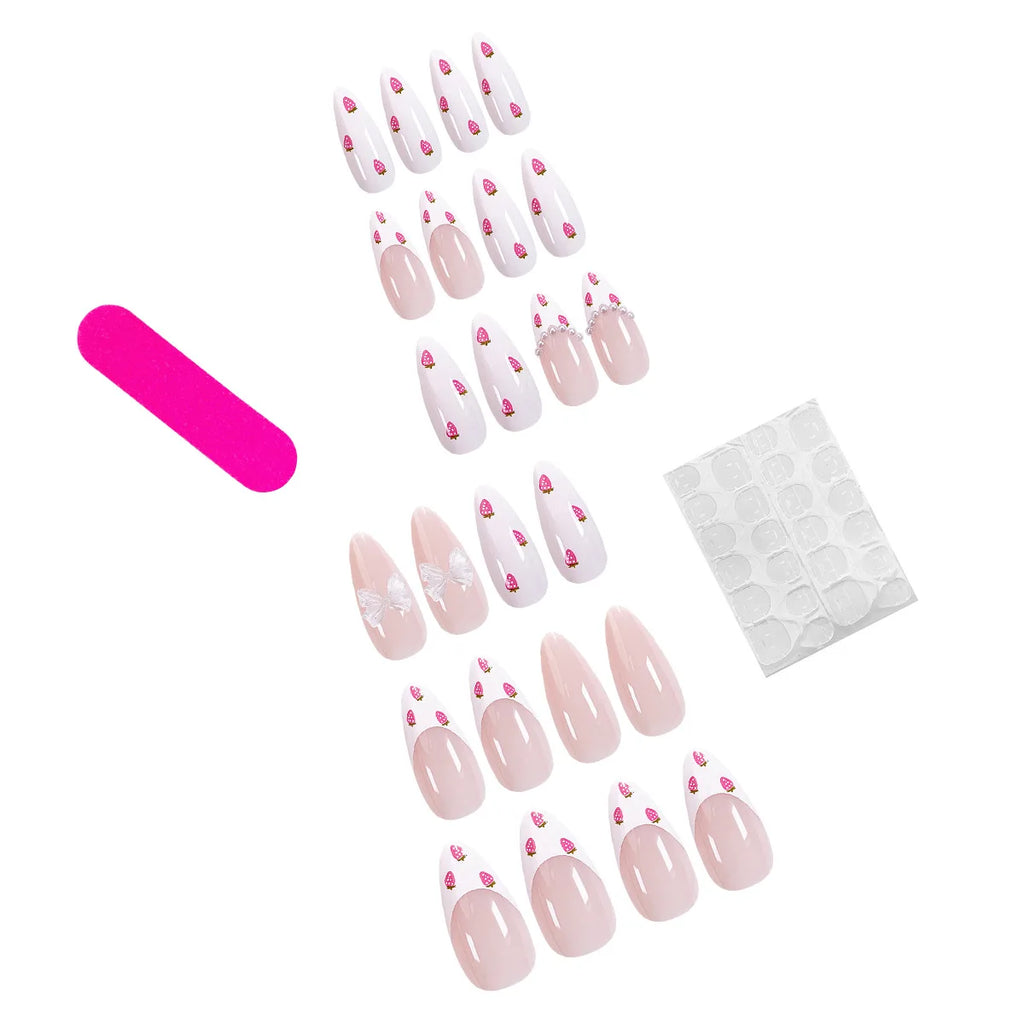 24Pcs Almond False Nails Cute Strawberries with French Design Simple White Wearable Fake Nails Decoration Press on Nail Tips Art