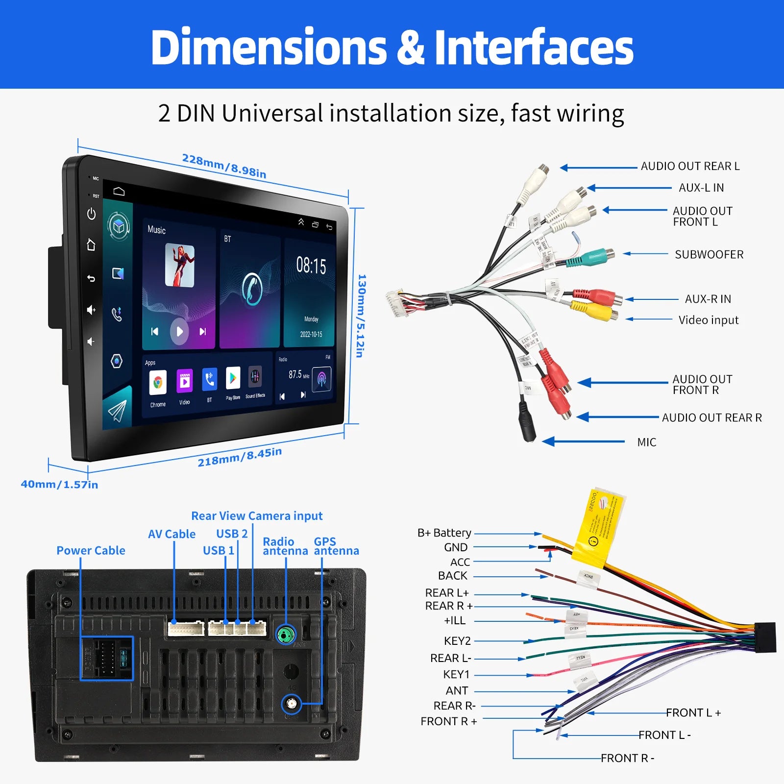 ESSGOO 9Inch 2 DIN Car Stereo Radio Wirless Carplay Android Auto Car Stereo Bluetooth 64G GPS Navigation RDS WiFi USB FM DAB+CAM