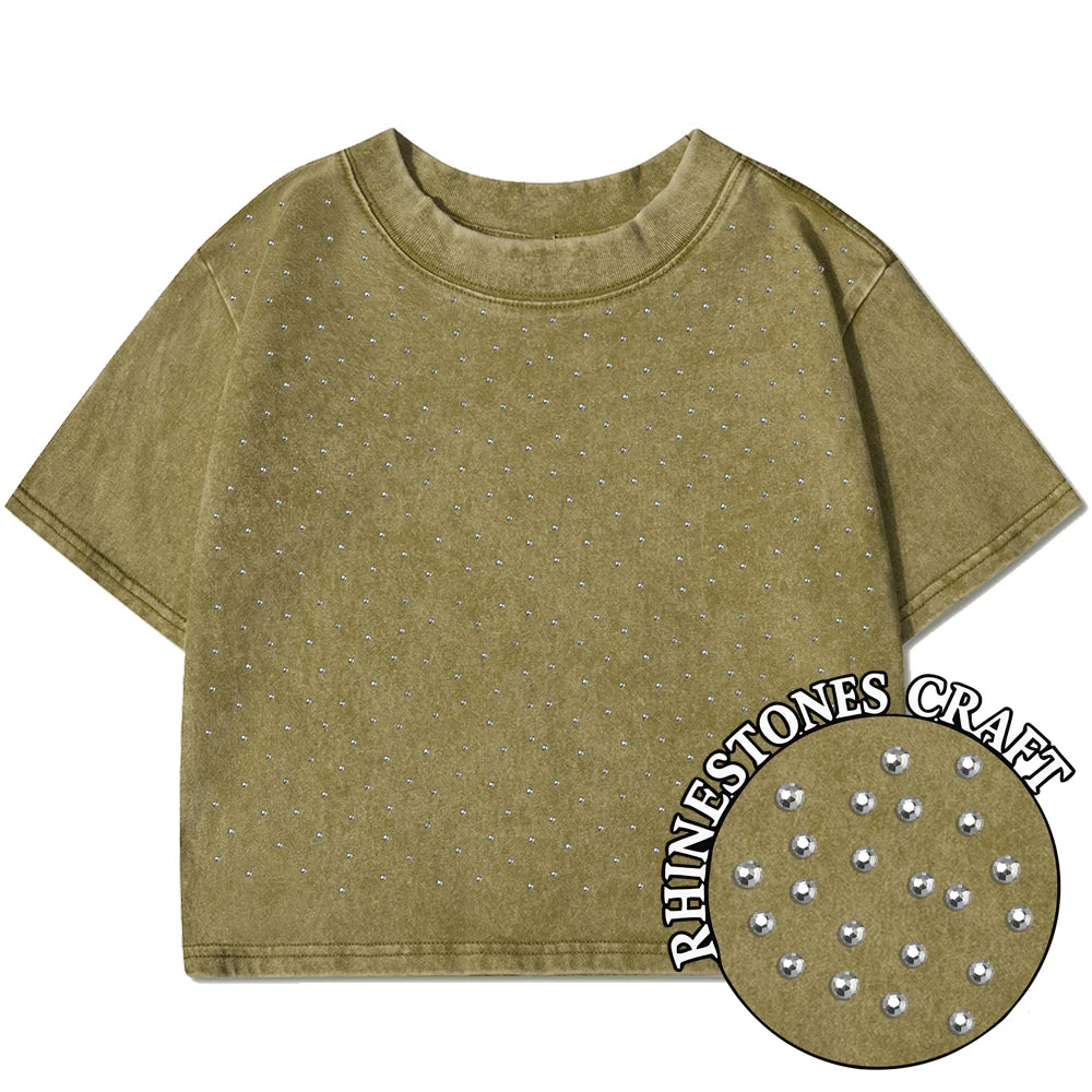 Solid Color Slim Washed T-Shirt Women Fashion Soft Cotton Tee Shirt Rhinestone Craft Short Sleeve Cool Clothing Female