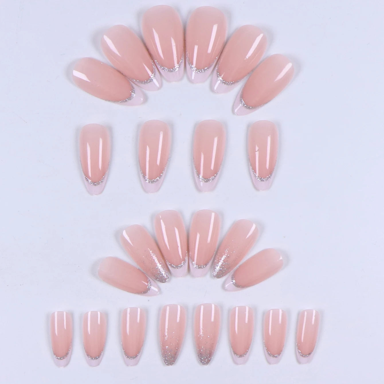 24PCS Pink Glitter French Press-On Nails Short Almond False Nails Glitter Full Cover Gloss Reusable  Nails for Women